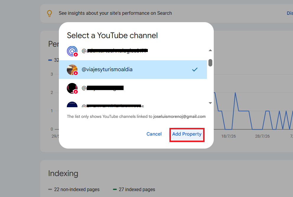 search console add property youtube channel