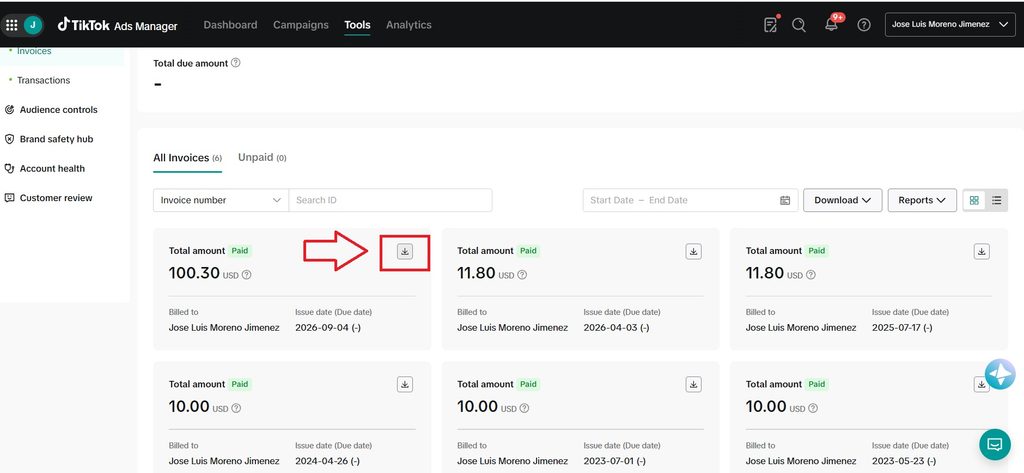 downloading invoice tiktok ads manager