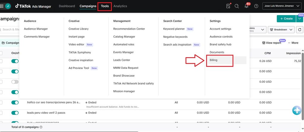 Billing Tiktok Ads manager