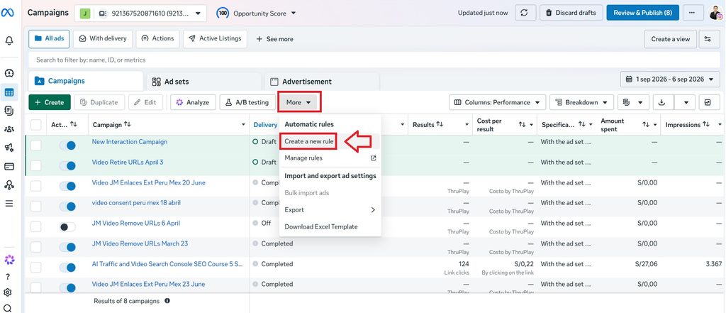 create new automated rule in meta ads