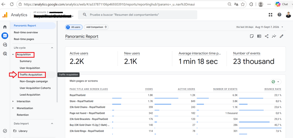 Google Analytics traffic acquisition