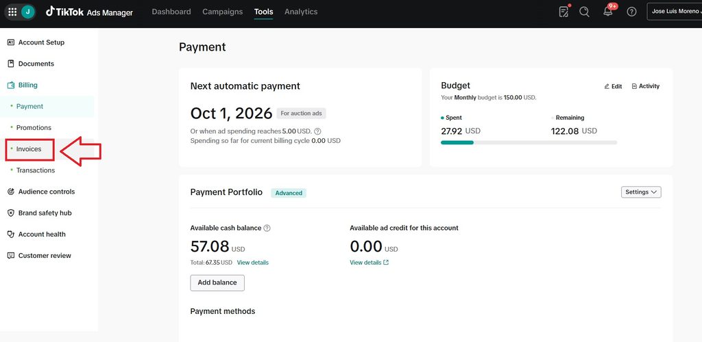 invoices tiktok ads manager