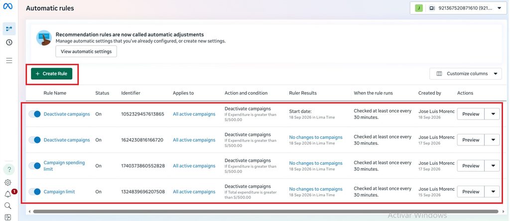 manage automatic rules meta ads