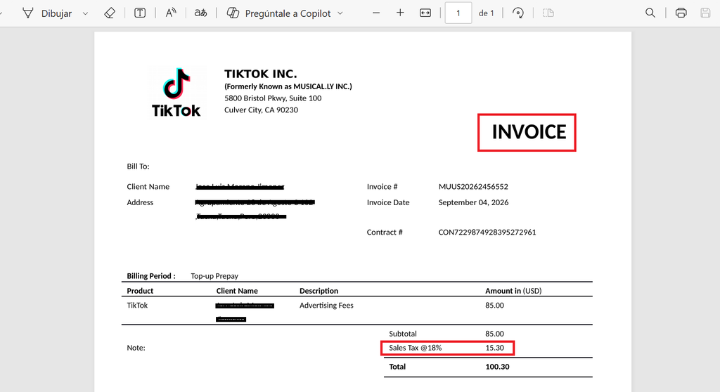 TikTok Ads invoice