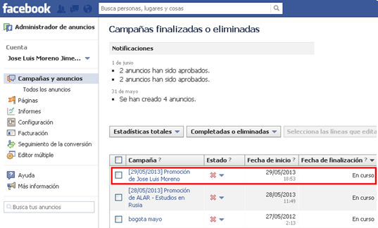 panel de control facebook ads paginas promocionadas