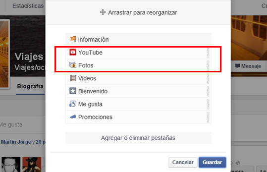 modificar orden pestañas pagina de facebook