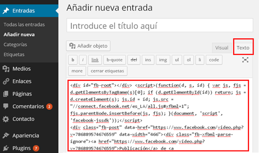 código wordpress video facebook