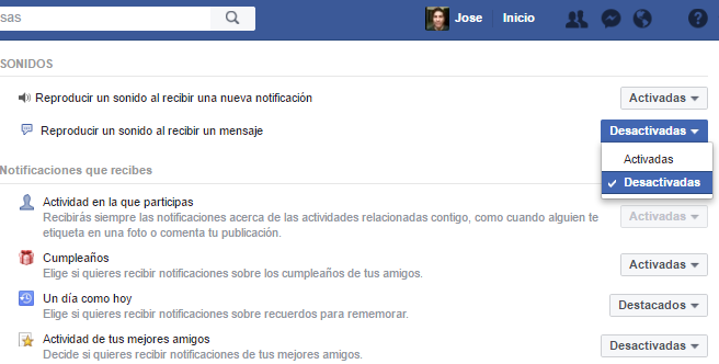 Desactivar notificaciones en nuestro perfil de Facebook