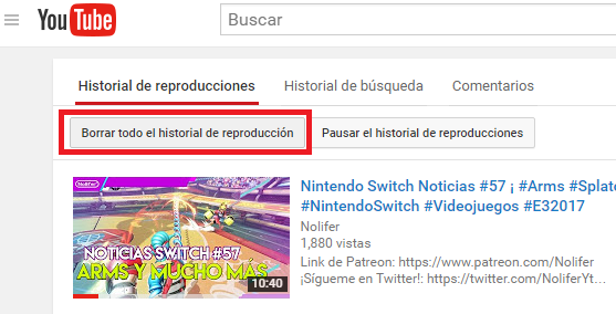 Como eliminar el historial de reproducciones en nuestra cuenta de YouTube