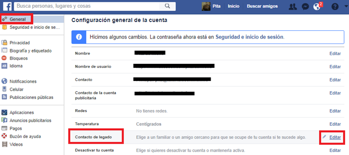 configuracion de cuenta facebook