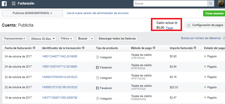 separar facturas facebook ads