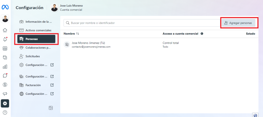 agregar personas meta business suite