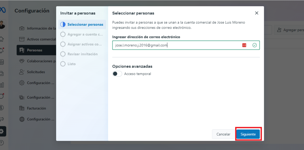 agregar usuario meta business suite email