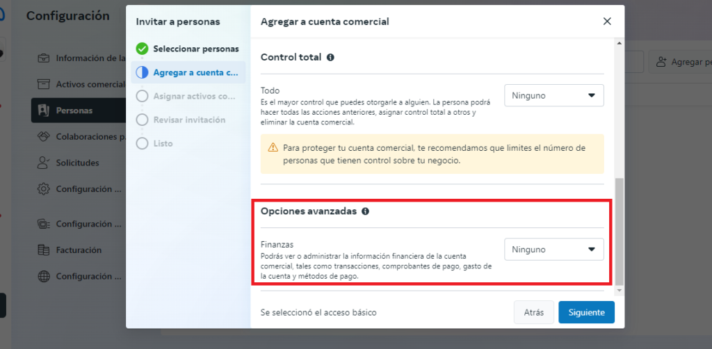 agregar usuario meta business suite rol finanzas