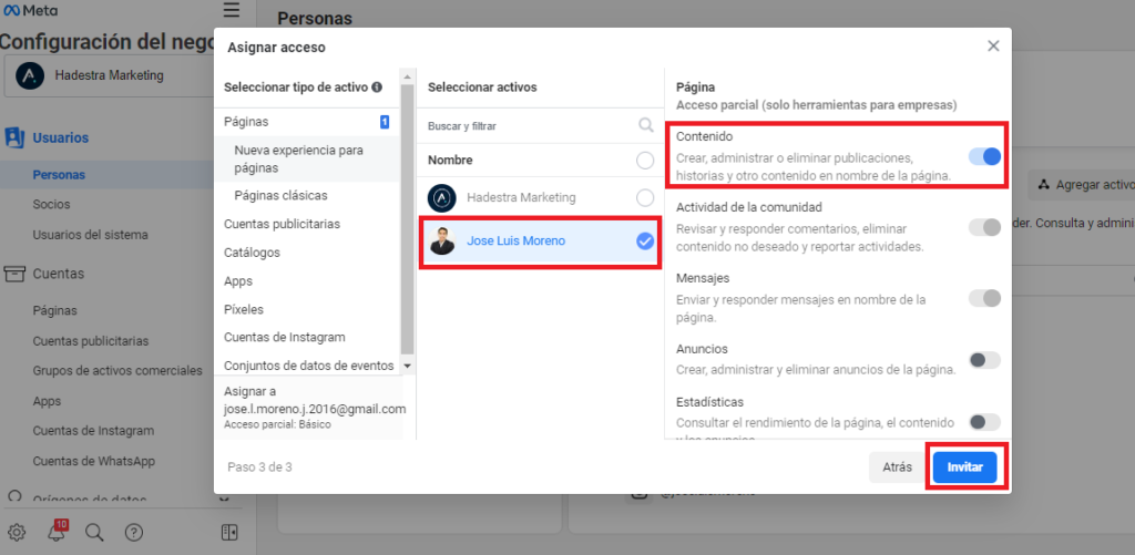 facebook business manager escoger activos y tareas