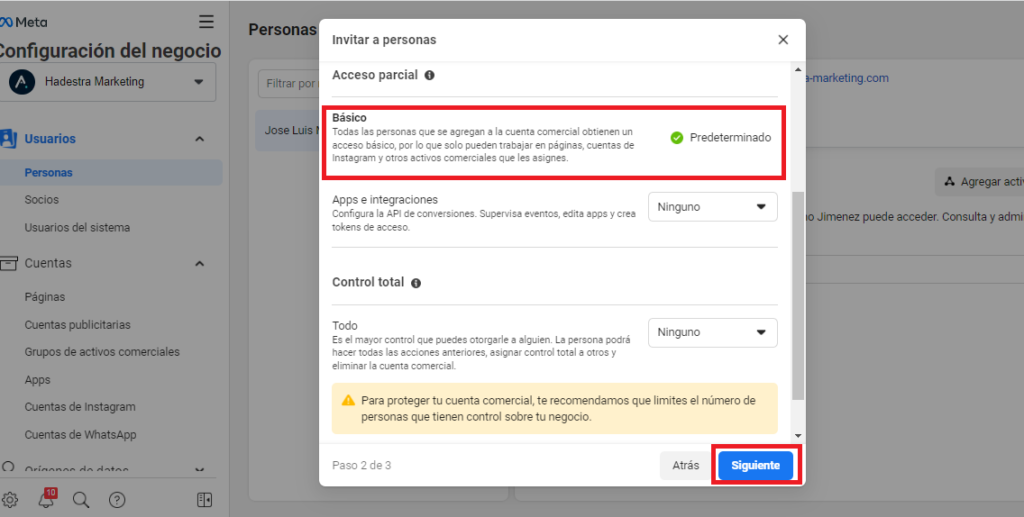 facebook business manager niveles de acceso