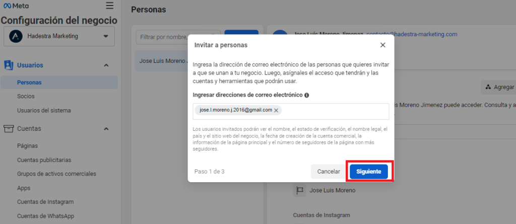 facebook business manager ventana emergente email