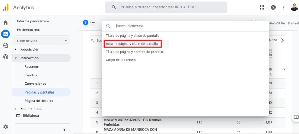 google analytics ruta de pagina