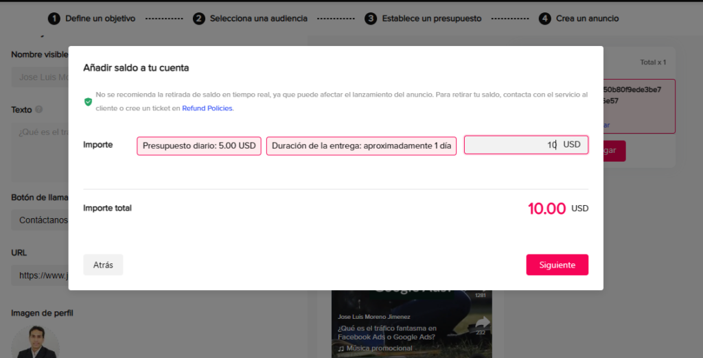 Confirmar presupuesto total tiktok ads