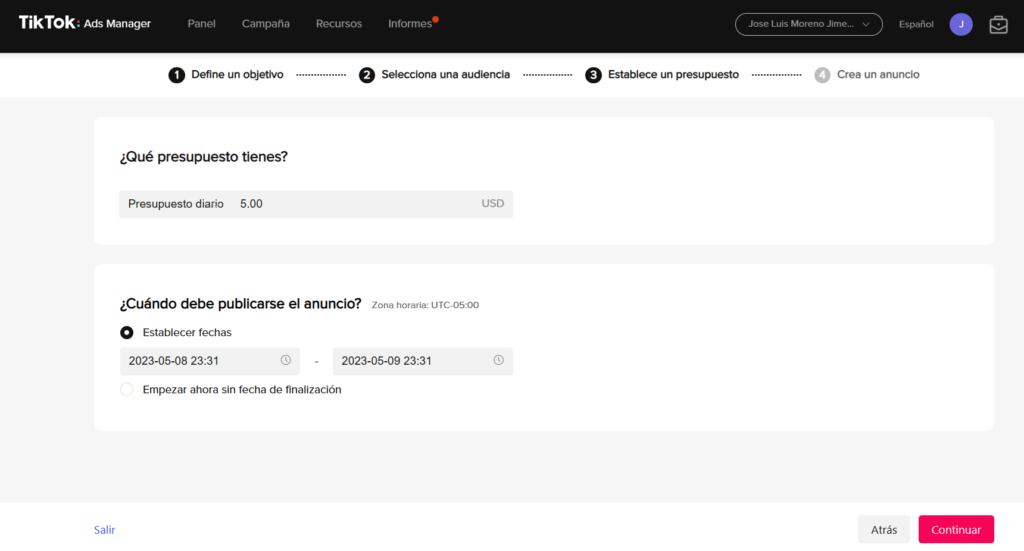 TikTok Ads presupuesto y fechas