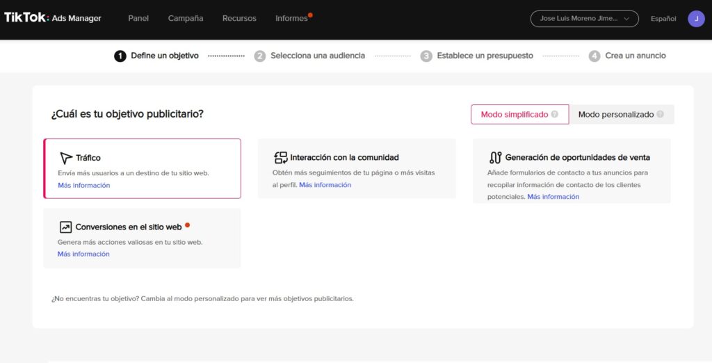 Tiktok Ads modo simplificado objetivos
