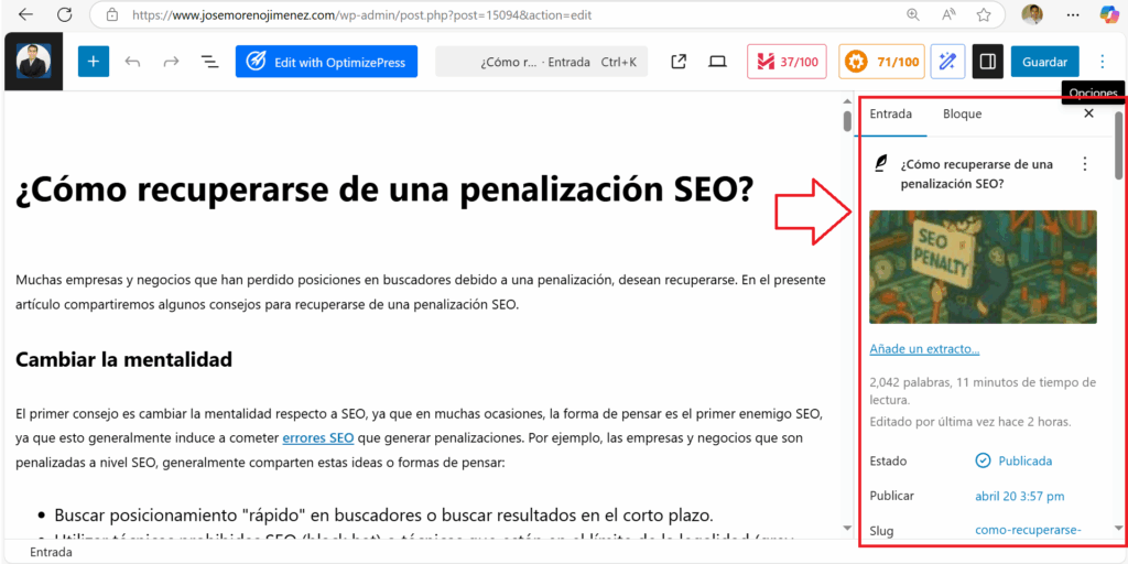 lado derecho al crear un articulo en wordpress