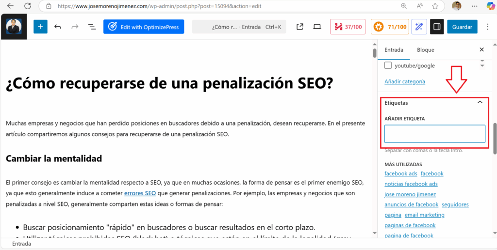 seccion etiquetas en wordpress