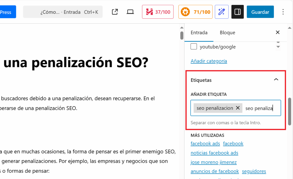 creacion de etiquetas en un articulo en wordpress