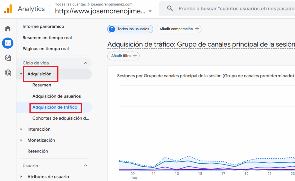adquisición de tráfico en google analytics