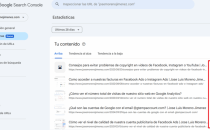 Cómo ver en Google Search Console las páginas de mi web que están con tendencia al alza y a la baja