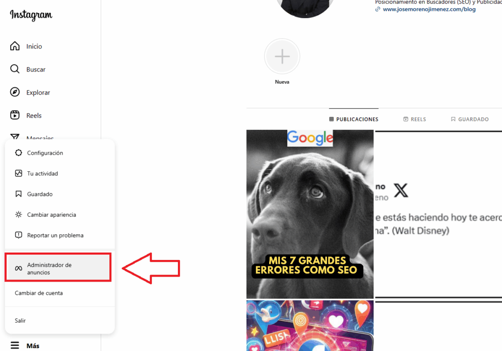 administrador de anuncios instagram