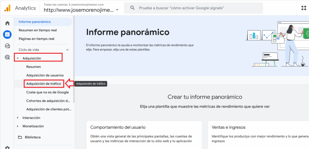 seccion adquisicion de trafico de google analytics