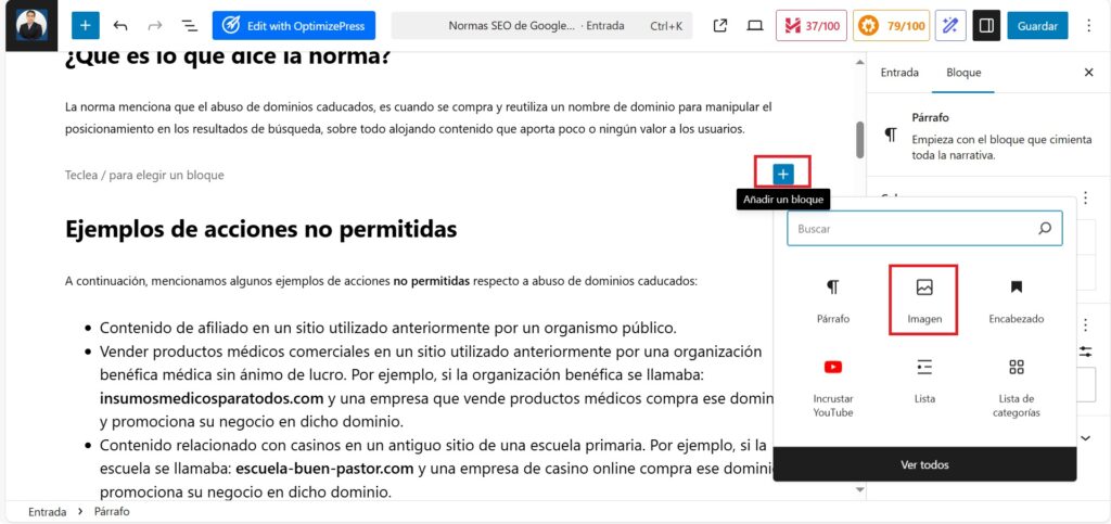 añadir bloque de imagen en wordpress