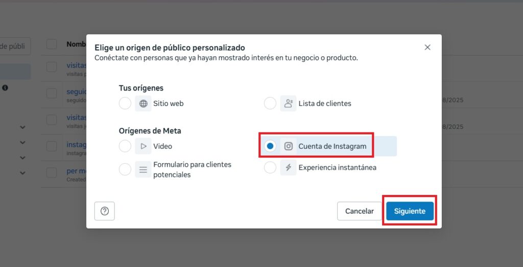 Selecionar cuenta de Instagram como fuente para la creación de un público personalizado