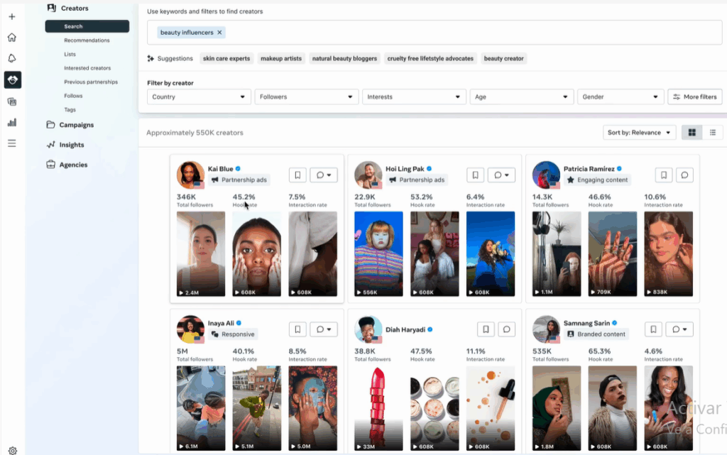 Búsquedas en Marketplace de creadores de Instagram