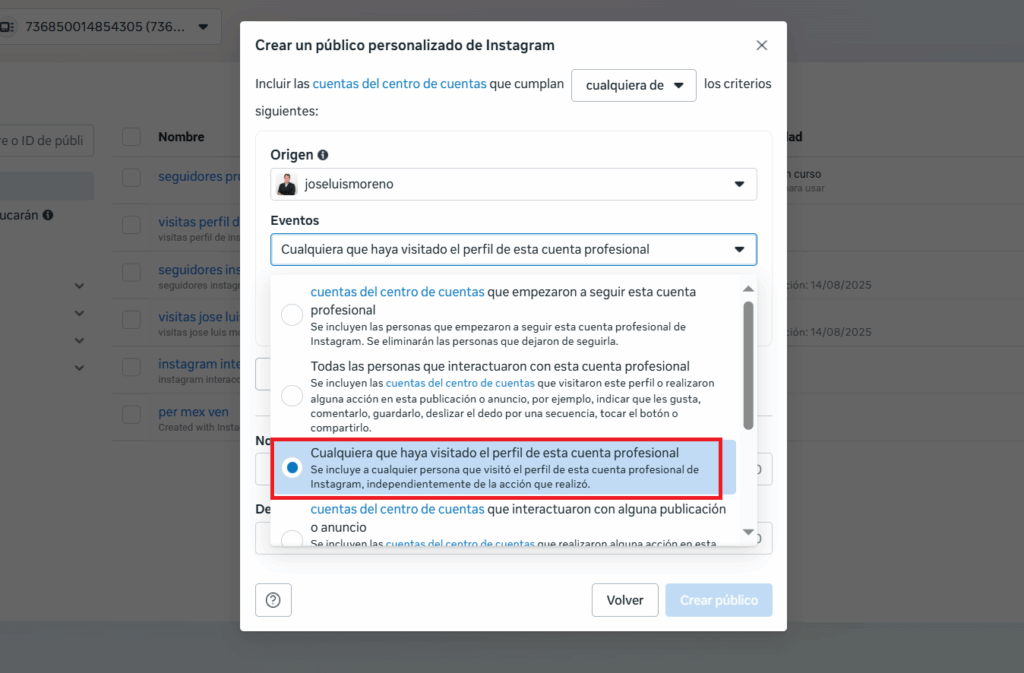 Crear público personalizado: Visitantes del perfil de Instagram