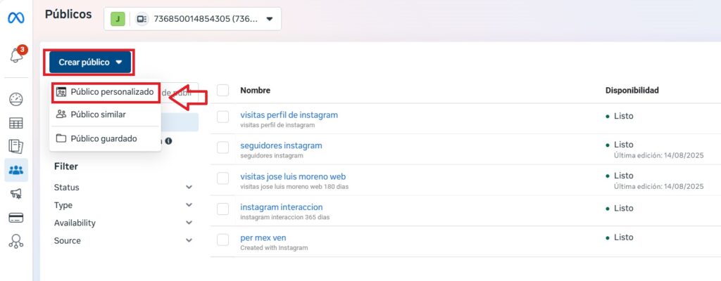 Crear publico personalizado en el administrador web de anuncios de Meta Ads