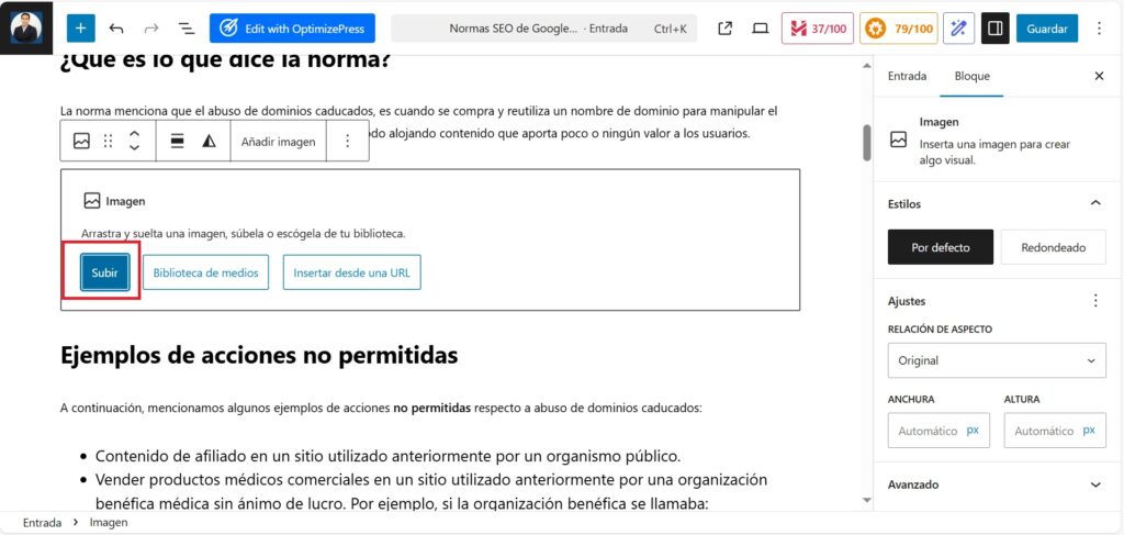 subir imagen intermedia en wordpress