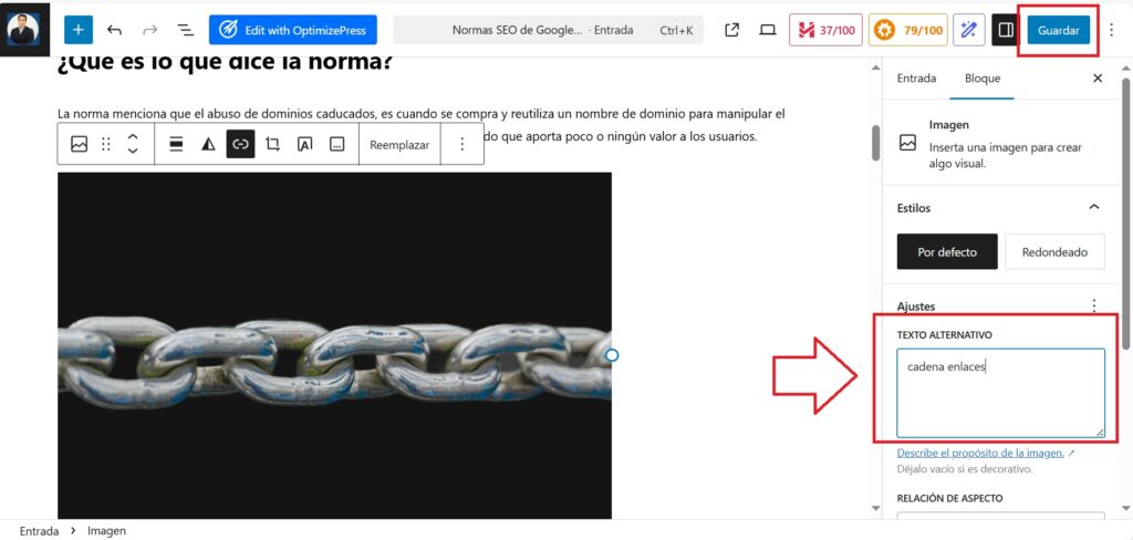 campo ALT de imagen intermedia en wordpress