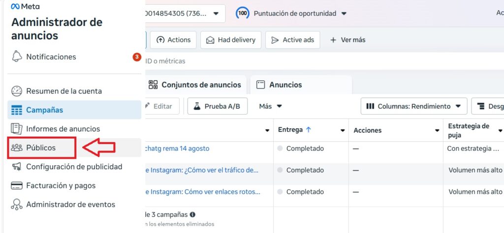sección públicos en el administrador web de anuncios de Meta Ads