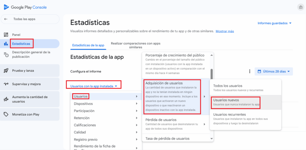 usuarios nuevos google play console