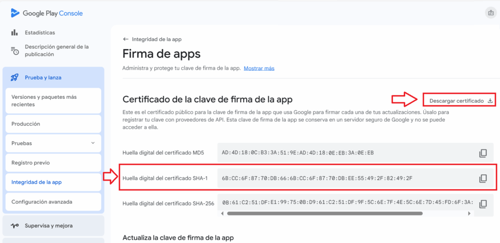 certificado de la clave de la firma de la app google play console