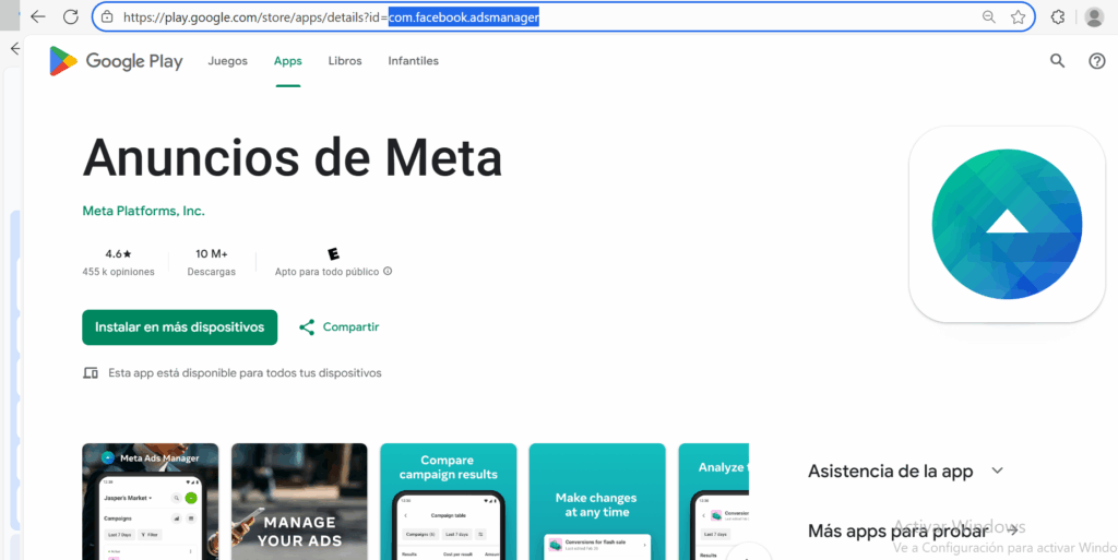 Aplicación de anuncios en Meta en Google Play