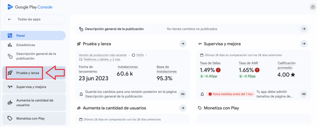 prueba y lanza google play console