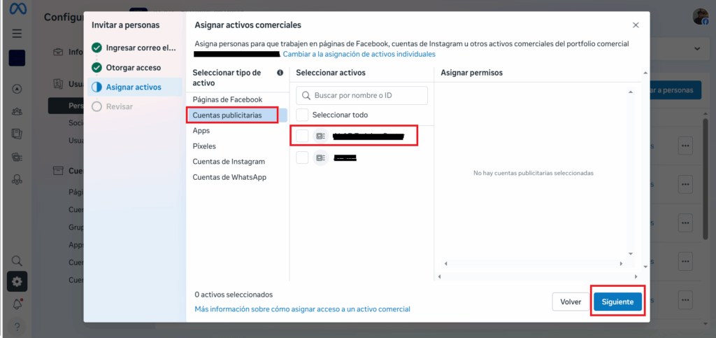 asignar activos comerciales en meta