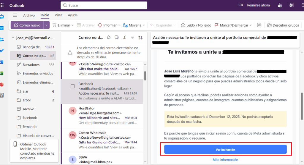 correo de  invitacion al portafolio comercial de meta ads