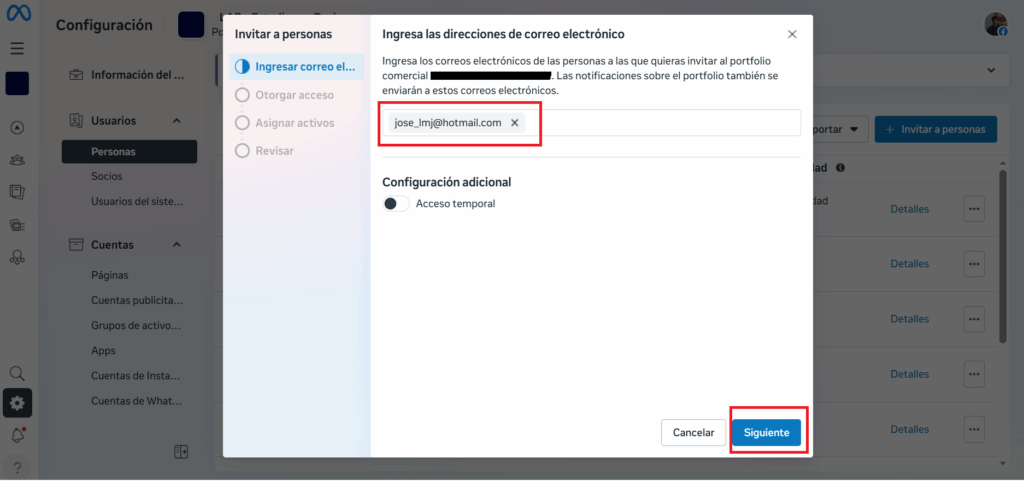 enviar invitacion a portafolio comercial de meta