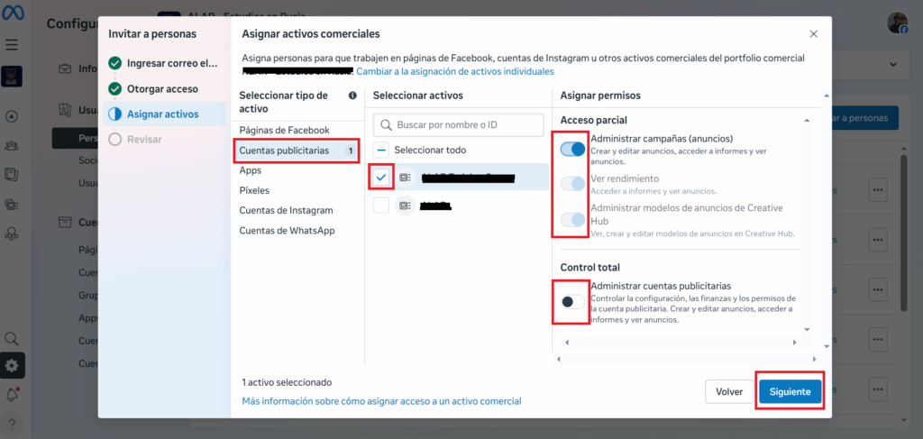 asignar nivel de permisos a una cuenta publicitaria de meta ads