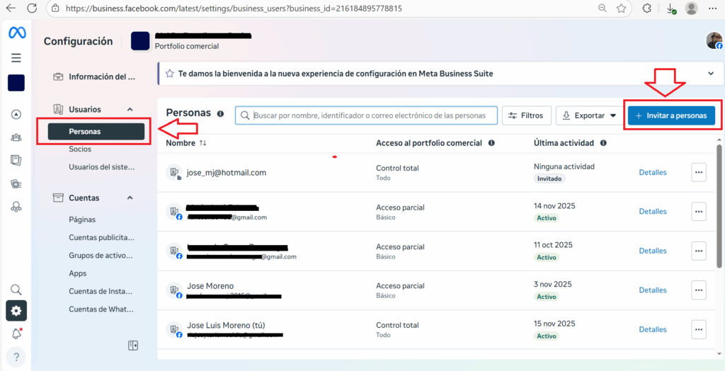 agregar un usuario al portafolio comercial de meta ads
