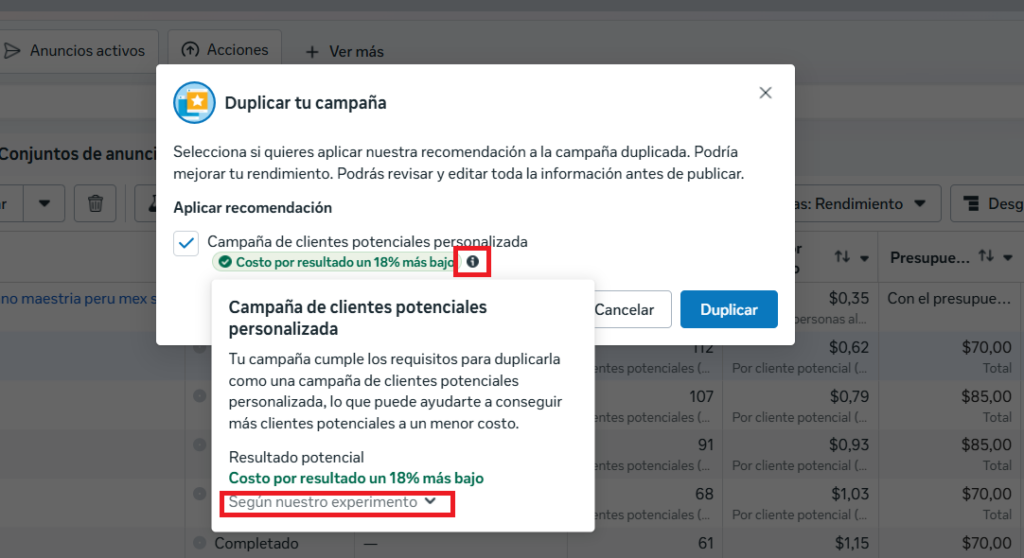 explicacion de la recomendacion de meta ads